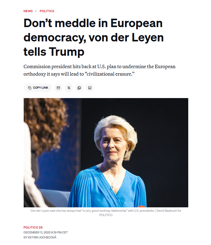 NOELreports's tweet image. 🇪🇺🇺🇸 Ursula von der Leyen advised Trump to stay out of European democracy. Responding to his recent attacks on Europe, she said: “It’s not up to us to decide a country’s leader during elections, that’s the voters’ sovereign right, and it must be protected.”