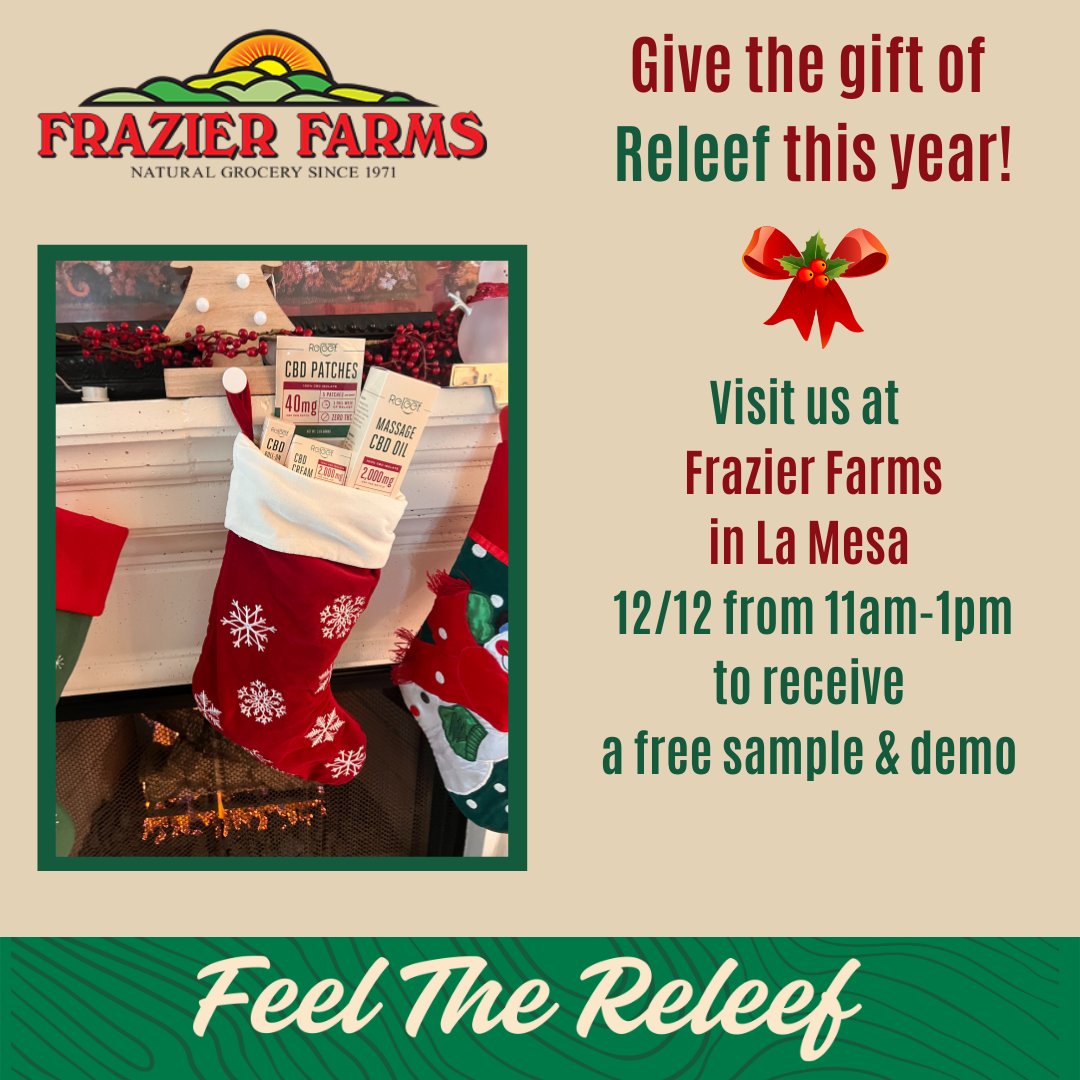 ReleefDirect's tweet image. 🎁 Give the gift of Releef this year!

Visit us at Frazier Farms La Mesa on 12/12 from 11am–1pm for a free CBD sample &amp;amp; demo.

Discover our all-natural Releef CBD topicals—perfect for holiday wellness!

✨ Feel The Releef

🔗 releefdirect.com

#ReleefDirect #CBD