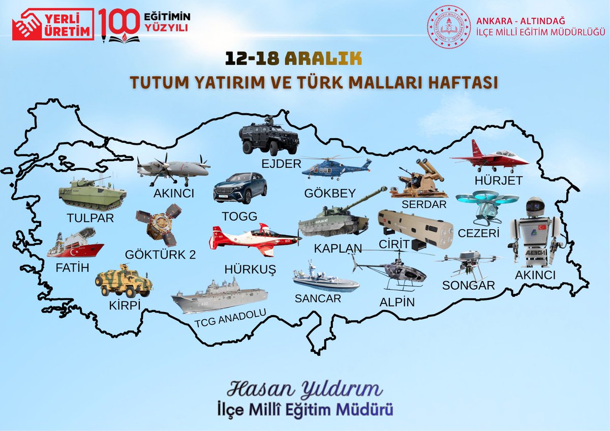 “Yerli üretime verilen her destek, bağımsız yarınlara atılan güçlü bir adımdır.”🇹🇷

🚁🛩️🚘Yerli malı kullanmak; sadece ekonomik bir tercih değil, ülkemize duyduğumuz güvenin ve sorumluluğun göstergesidir.

Üretelim, tutumlu olalım, yerli malına sahip çıkalım.  

Altındağ eğitim