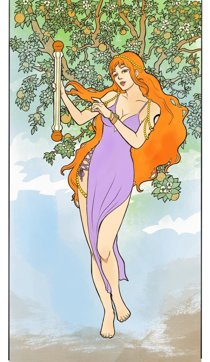 Goatsrgreat6's tweet image. I love art nouveau and I love One Piece, so Voila! I transformed Alphonse Mucha's 1896 panel, titled Spring, into Nami with her staff and orange tree!! 
#ONEPIECE