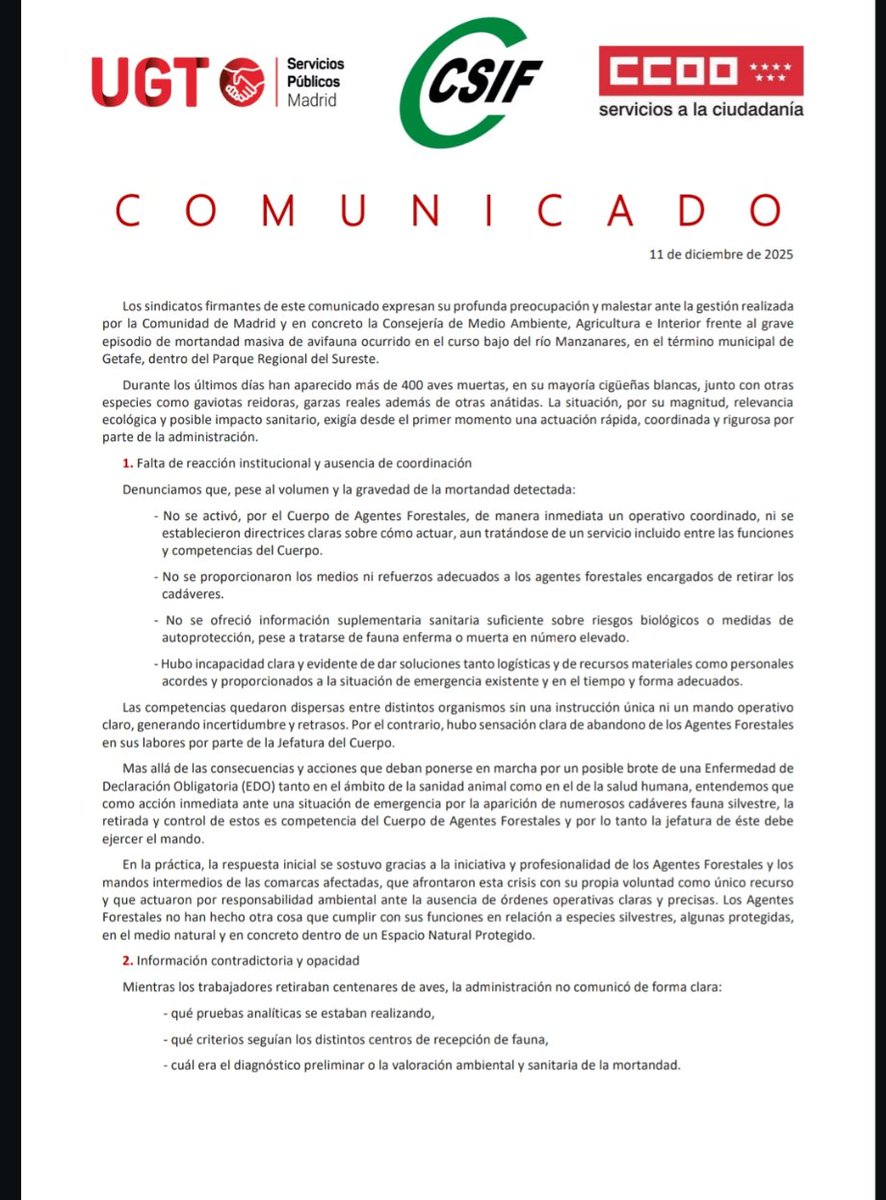 Expresamos nuestro malestar por como se ha gestionado el episodio de mortandad de cigüeñas en la CM y para ello, hemos elaborado un comunicado conjunto con CCOO y CSIF con el que pretendemos esclarecer lo acontecido estas semanas 👉
