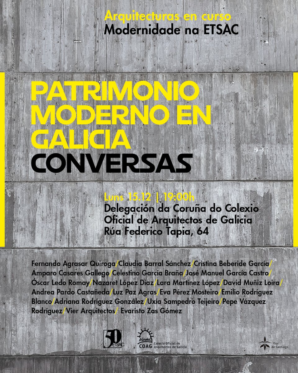 Notición!! O luns 15 de decembro, ás 19:00 horas, na Delegación da Coruña @coagcoruna do COAG <a href="/arquitectosCOAG/">Colexio de Arquitectos de Galicia</a> terá lugar o  encontro-coloquio: PATRIMONIO MODERNO EN GALICIA. CONVERSAS que versará sobre o valor do legado da modernidade! <a href="/etsac_udc/">ETSAC</a> @cscae <a href="/BibETSA/">BETSA</a> @DOCOMOMOIberico