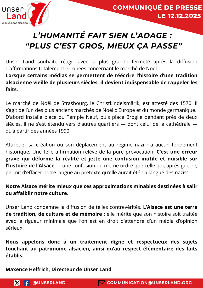 UnserLand's tweet image. 📢Communiqué de presse

L’HUMANITÉ FAIT SIEN L’ADAGE : “PLUS C’EST GROS, MIEUX ÇA PASSE”

@HelfrichMaxence #Alsace #Elsass