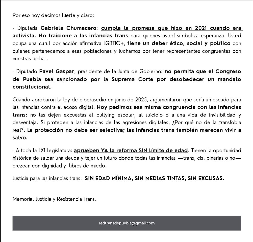 🏳️‍⚧️🔥 !ALEEERTA! 
La <a href="/SCJN/">Suprema Corte</a> ya ordenó: reconocimiento de identidad de género para TODAS las personas Trans, SIN LÍMITE DE EDAD. Plazo: 20 de diciembre.
Hoy se corre el riesgo de que el <a href="/CongresoPue/">H. Congreso de Puebla</a> lo acote a los 15 años de edad y las infancias Trans queden fuera de su derecho. 
🧵