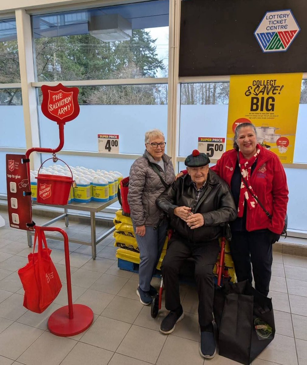 DaveHayer's tweet photo. Surrey Salvation Army's Kettle Drive today Dec 11 2025. Isabelle &amp; Dave Hayer are again doing Kettle Host volunteer duties at Superstore, 14650 -  104 Ave, Surrey. Rotary Club of Surrey members have been volunteers for Annual Surrey Salvation Army's Kettle Drive since 1990's https://t.co/7MCSCbb9Ce