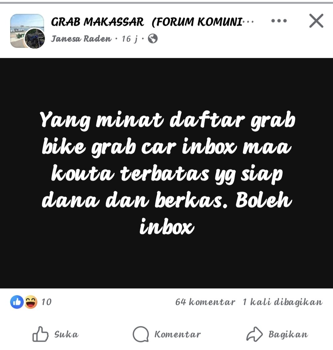 Pantas saja pendaftarannya sdh lama tdk diproses2 alasan sdh full rupanya bisa main lewat jalur lain,sangat mustahil kalau tdk ada org dlm yg ikut main,gimana menurut <a href="/GrabID/">Grab Indonesia</a>