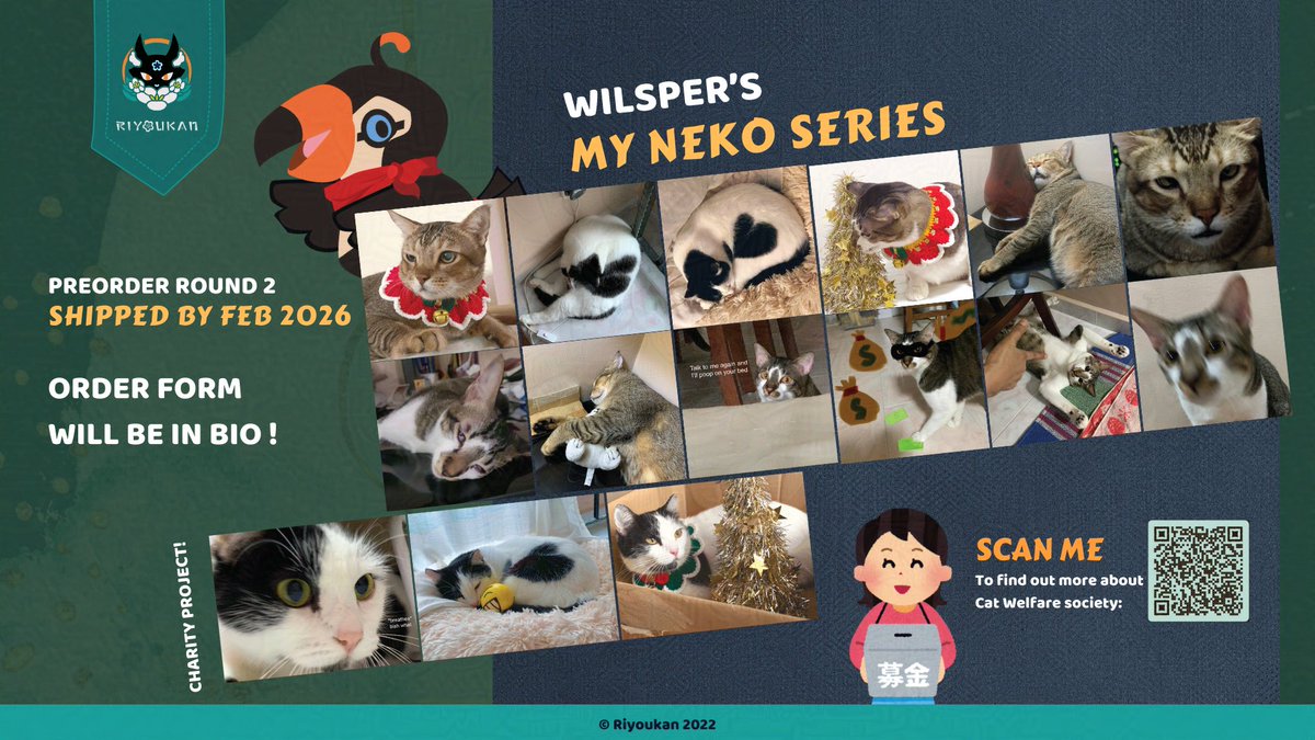 🌸 Konyanya!

Every $1 SGD spent on <a href="/talesofwilsper/">Wilsper 🤎🔪</a> Neko Series at #doujimasg goes to the Cat Welfare Society!

Collect stickers &amp; help cats!
#riyoukan