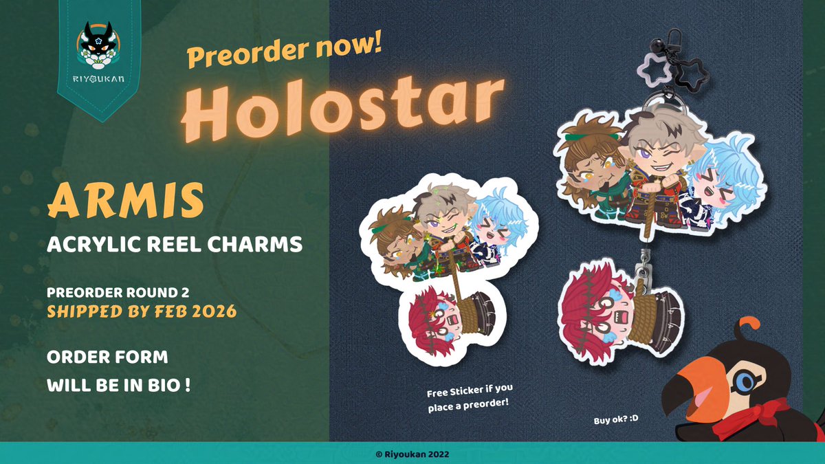 🌸 Konyanya!

Preorder <a href="/talesofwilsper/">Wilsper 🤎🔪</a> 's HoloStars Armis Reel Charm at #doujimasg, and get its sticker form for free!

Quickly! Nab this deal!
#riyoukan #holostars #holoarmis