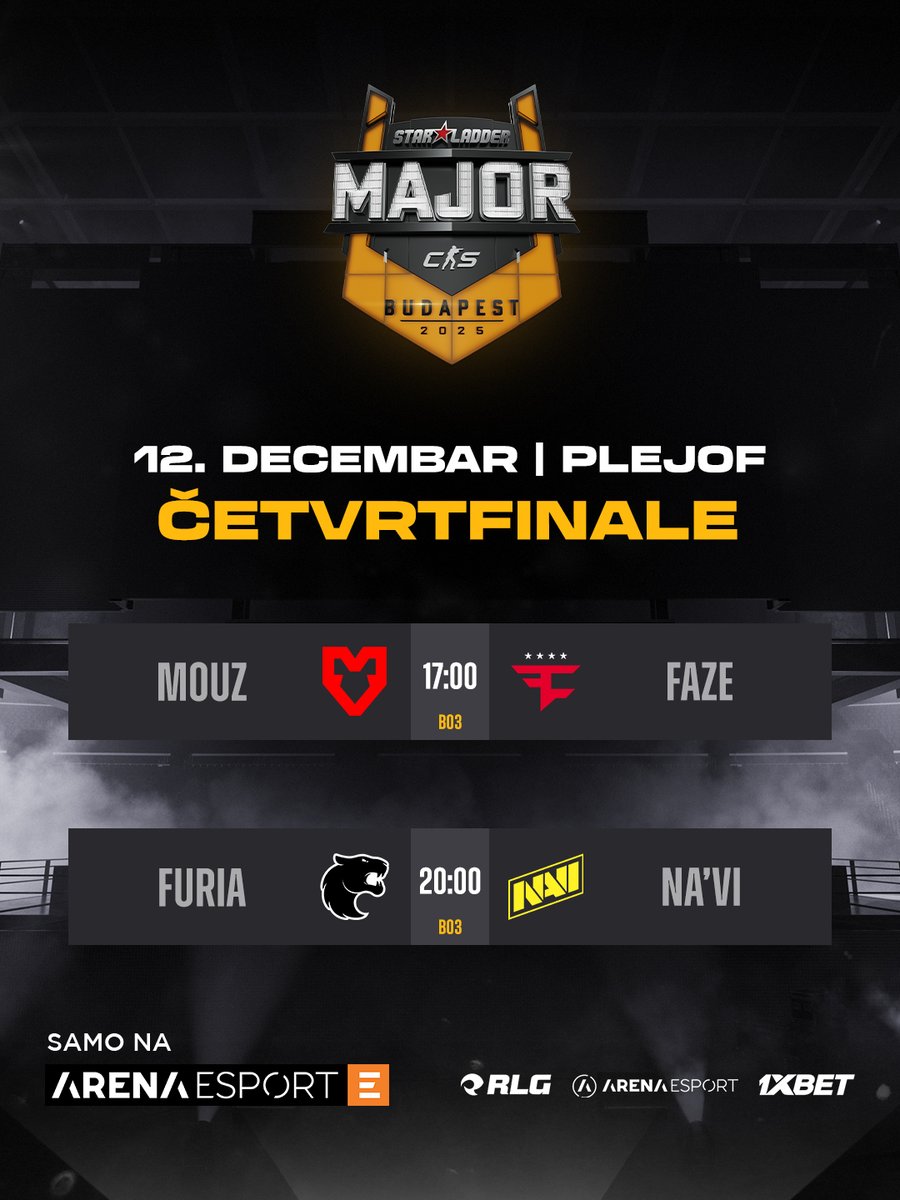 tvarenaesport's tweet image. Još 6 ekipa ostalo je u #Budapest🇭🇺 

Još dva tima će otpasti - #MOUZ ili #FaZe, a s druge strane, ili #FURIA ili #NaVi 👀

Vidimo se od 17h, ekskluzivno na #ArenaEsport! 🔥

#TVArenaEsport x #RLG | #CS2 #CounterStrike2 #CS #CounterStrike #relogmedia #balkan #valve