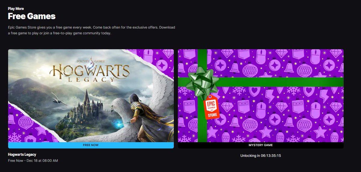 Hogwarts Legacy is free on Epic Games Store. Mystery game is the next title  https://t.co/PMAjq0H6Fo