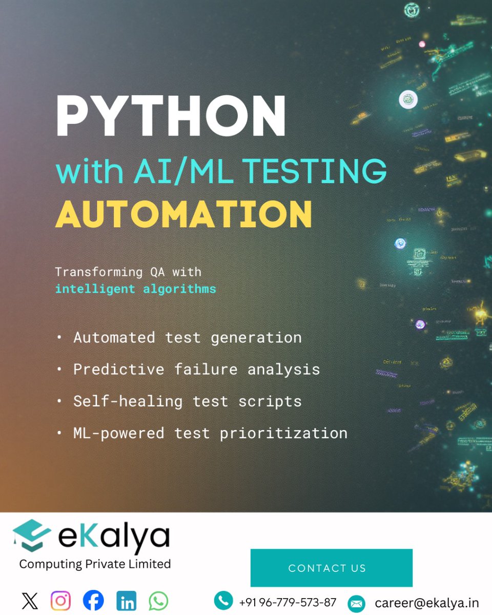 ekalyaedu's tweet image. Supercharge your QA career with Python + AI/ML for Test Automation at eKalya Computing Pvt Ltd!
#PythonAutomation #AIAutomation #MachineLearning #TestAutomation #AutomationTesting #QACareer #PythonProgramming #SoftwareTesting #AITesting #SDET #AutomationEngineer #TechTraining