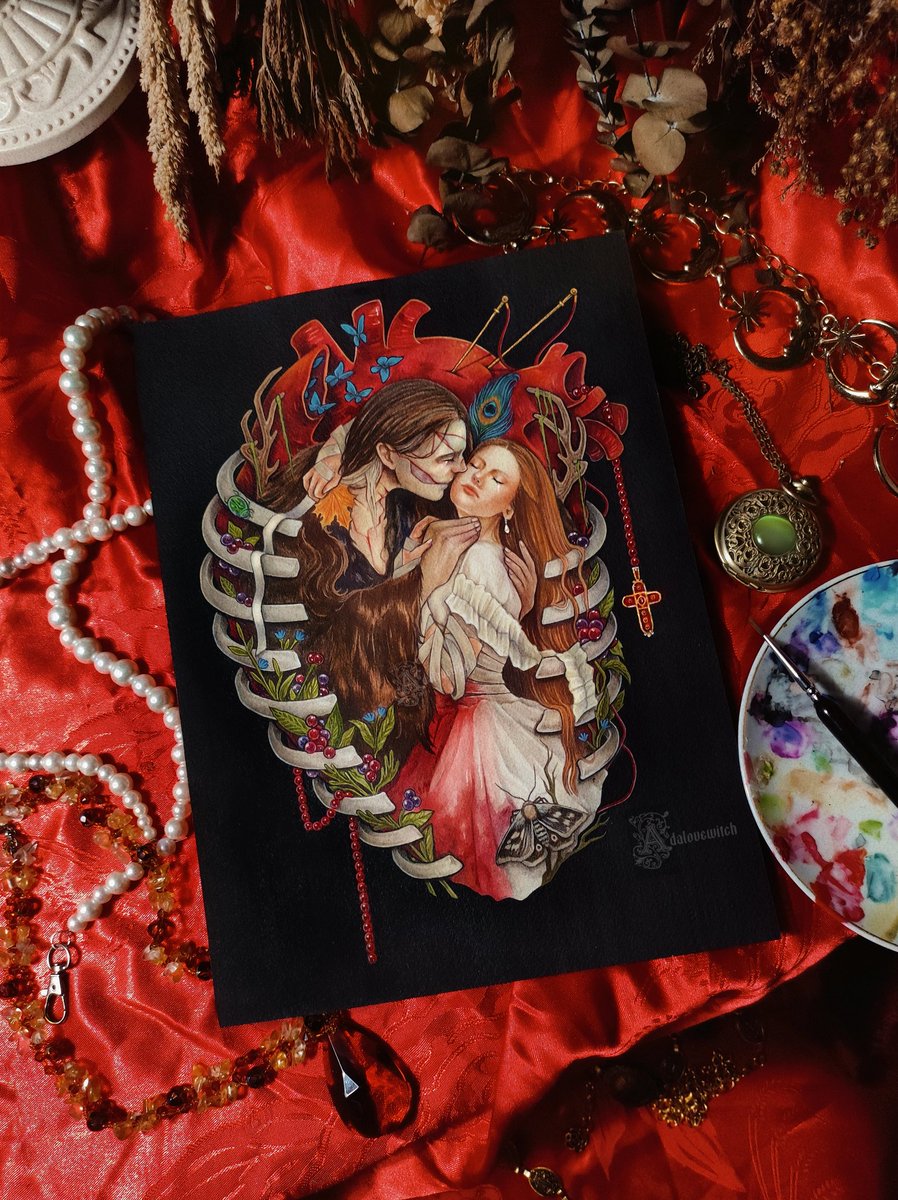 adalovewitch's tweet image. Reliquia, a Frankenstein fanart by me. 
Thank you so much for the beautiful film Sir, @RealGDT🫀

Painted using @HolbeinArt gouache on Arches Watercolor paper. 

#art #painting #macabre #Frankenstein2025 #Frankenstein