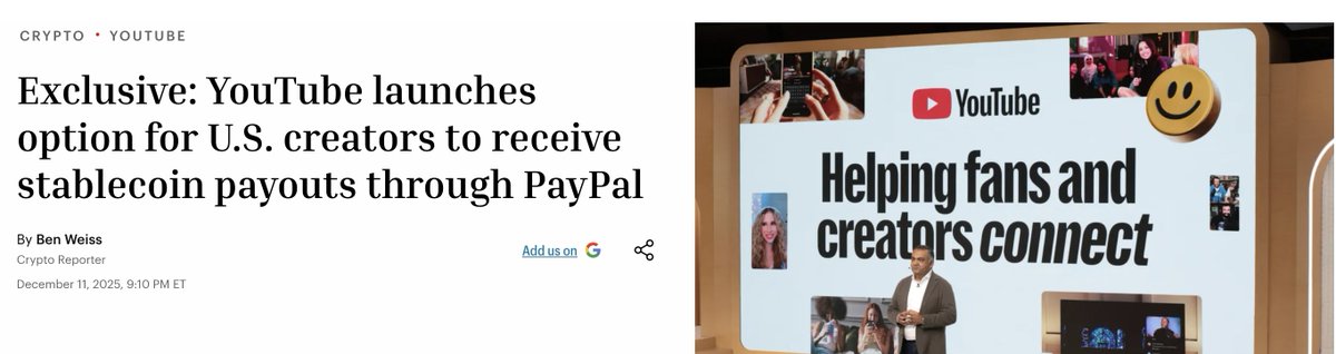 This is what stablecoins are all about! 

Youtube is a global company with global viewers, global advertisers and global creators. 

Its about time that they had global money rails. 

Shout out to <a href="/YouTube/">YouTube</a> . A+