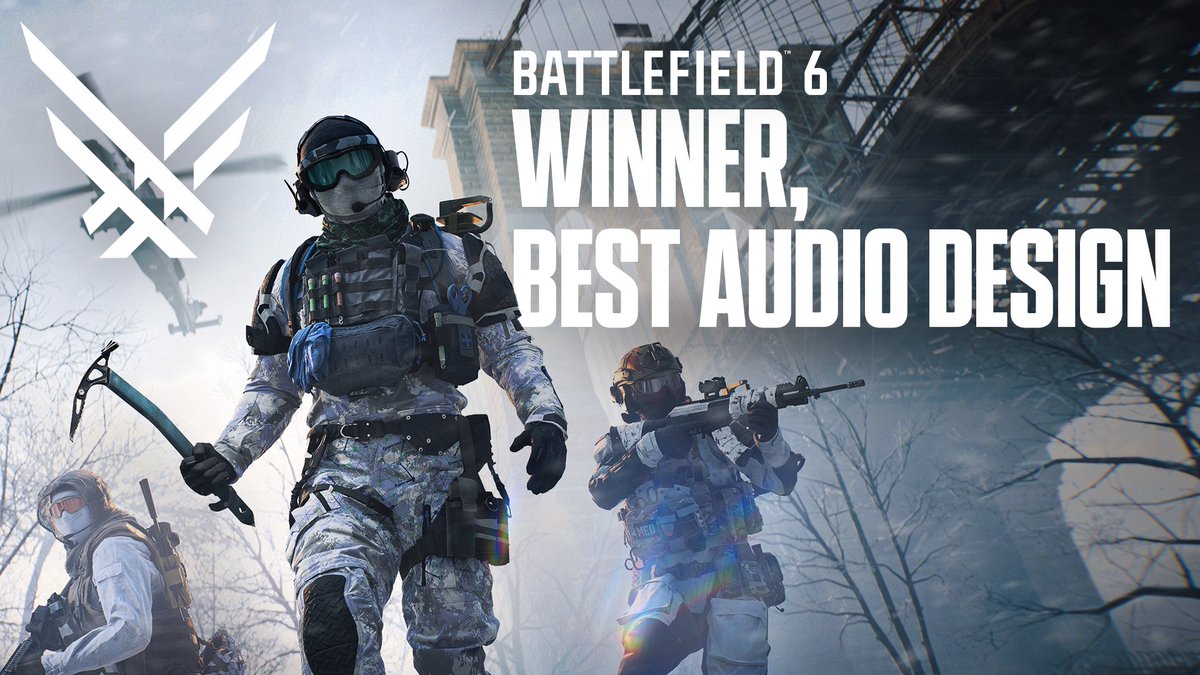 You heard that right 👏

Battlefield 6 has won Best Audio Design at #TheGameAwards. 

Thank you for listening and holding the line with us.