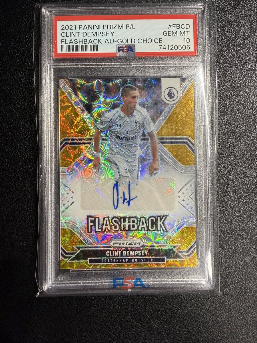 Let’s end with a bang 

2021 Clint Dempsey Tottenham Flashback Gold Choice auto /5 PSA 10

Pop one

$275 firm 

#JacobStackZ