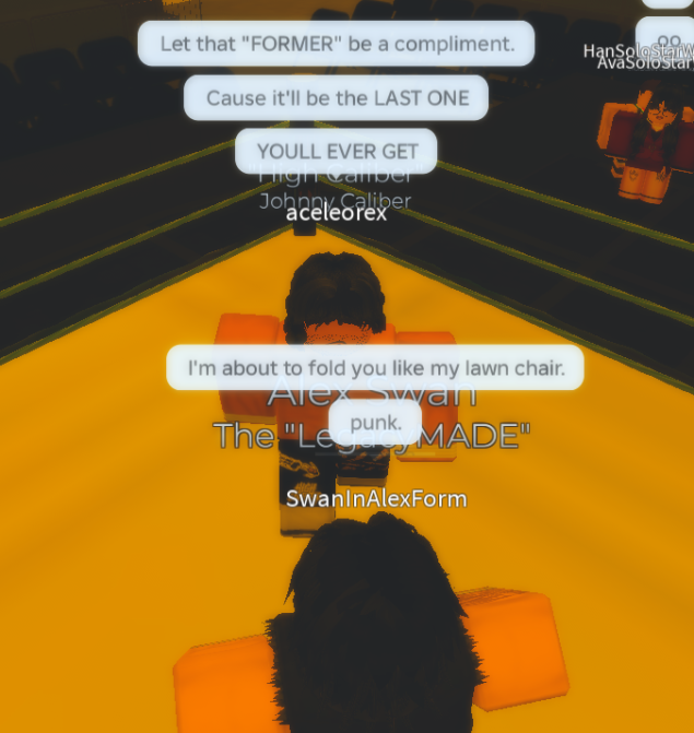 VirtualOnRBLX's tweet photo. #OFFTHEAIR IN A HEATED DARK MATCH EXCHANGE BY THE FORMER WORLD HEAVYWEIGHT CHAMPION, ALEX SWAN.. HE GOT INTO A HEATED EXCHANGE WITH THE "HIGH CALIBER" JOHNNY CALIBER! https://t.co/w9XshS9fP2