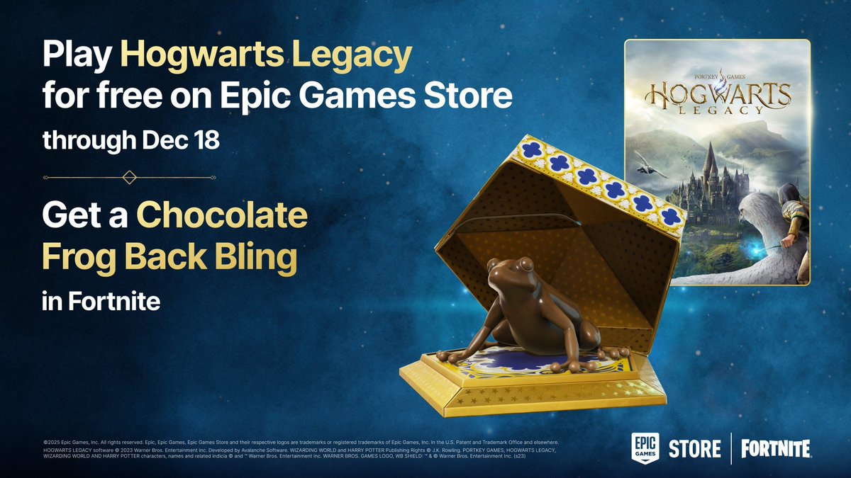 🎁 FORTNITE X HARRY POTTER MOCHILA GRATIS:

- Juega a Hogwarts Legacy durante al menos 2 horas a través de la Epic Games Store (está gratis) antes del 18 de diciembre.

- Al hacer eso, te darán la mochila de la rana de chocolate en 24-48 horas.