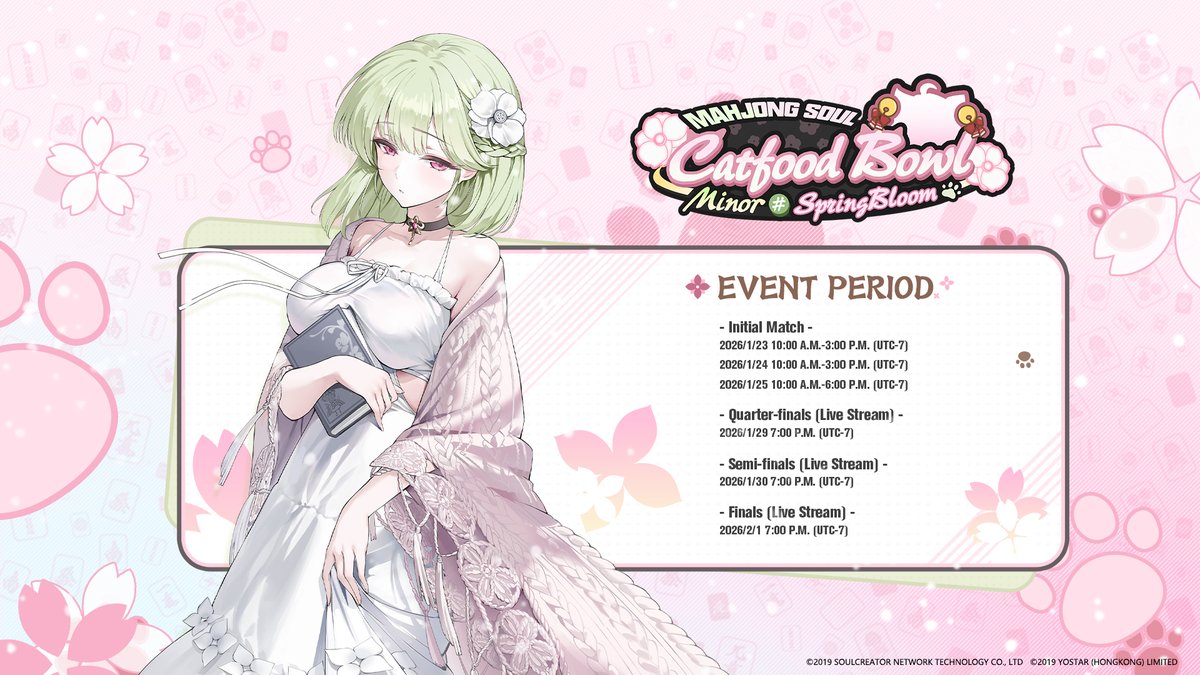 MahjongSoul_EN's tweet image. [Catfood Bowl - Event Period]

Please check out the picture to see the schedule of Catfood Bowl - Minor #SpringBloom.

Jyanshi Sama who wants to participate can sign-up on the website in mid-Juanuary 2026. We look forward to having you on board!

#MahjongSoul #Yostar #CFBMinor