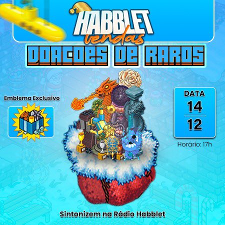 No dia 14 de dezembro, às 17h, acontecerá nossa Doação de Raros, trazendo muita diversão, interação e aquele presentinho especial pra vocês que fazem parte da nossa comunidade! 

Fique sintonizado na Rádio Habblet, porque é lá que tudo vai acontecer! 💙