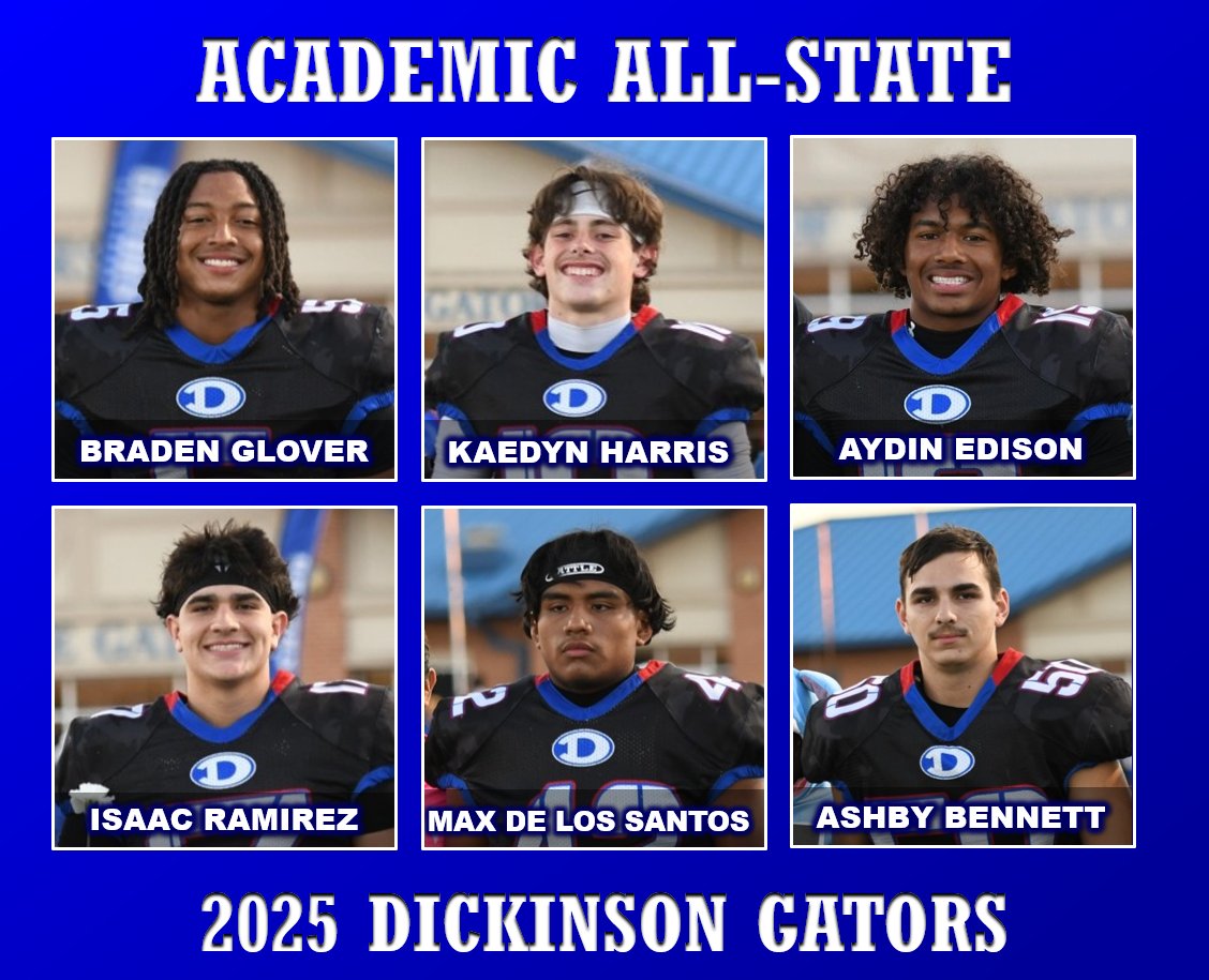 6 Dickinson Gators earned Academic All-State honors, one of the highest achievements in Texas high school athletics.
Congrats to Braden Glover, Kaedyn Harris, Aydin Edison, Isaac Ramirez, Max De Los Santos, and Ashby Bennett.
Proud of you, GatorNation! 🐊💙

<a href="/DickinsonFB/">DHSGatorFB</a>