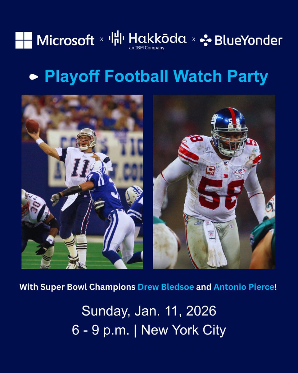 rsryan's tweet photo. Down, set, hike! 🏈 Heading to #NRF2026? Join us at the Blue Yonder Football Playoff Customer Watch Party in NYC, co-hosted by @Microsoft and @hakkoda_io.

Contact your Blue Yonder account representative for details. 
https://t.co/Wl9NQOyLAZ https://t.co/Tq6gDWfYJ0