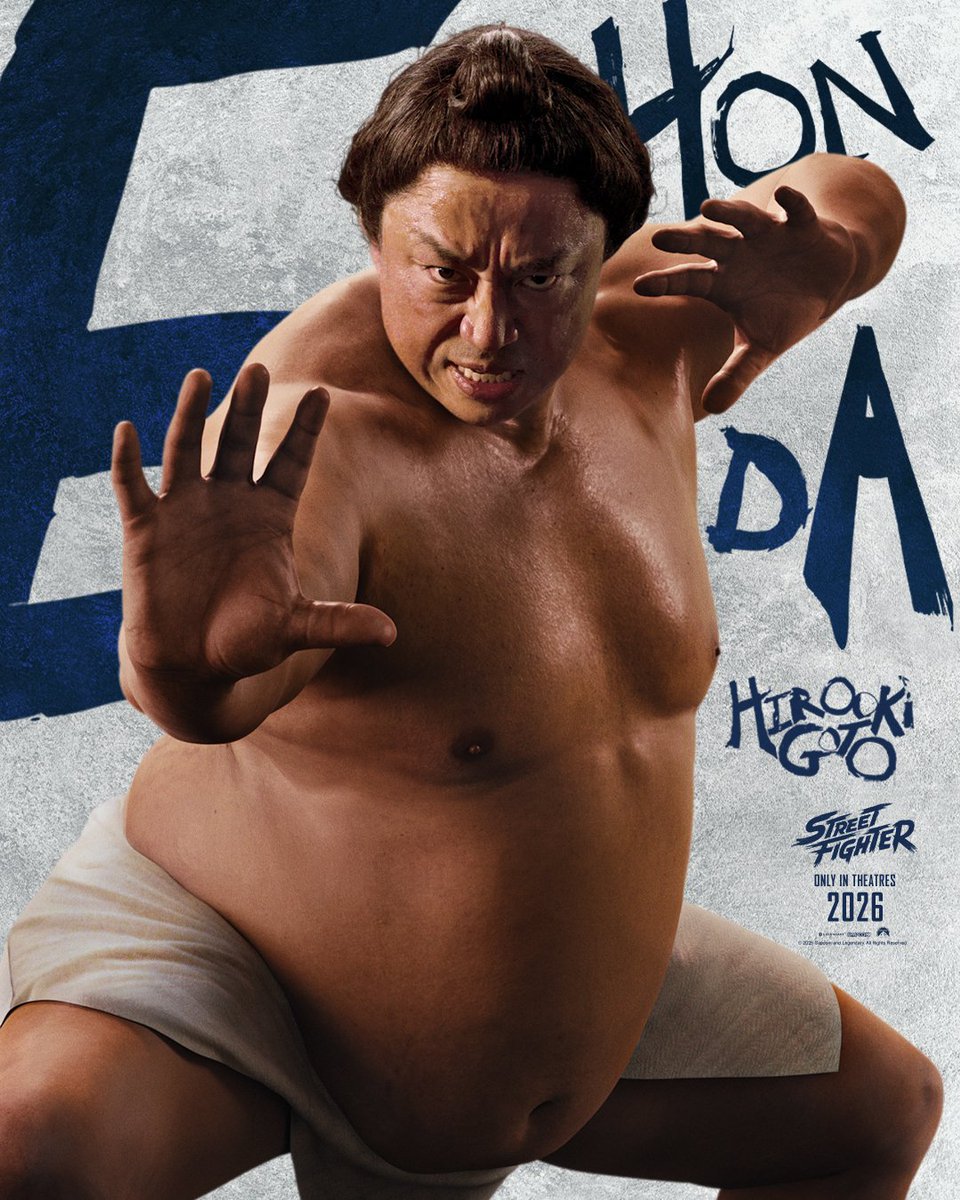 StreetFighter's tweet image. Eat. Train. Slap. Repeat. HIROOKI GOTO is E. HONDA. #StreetFighterMovie hits theaters everywhere October 16, 2026.