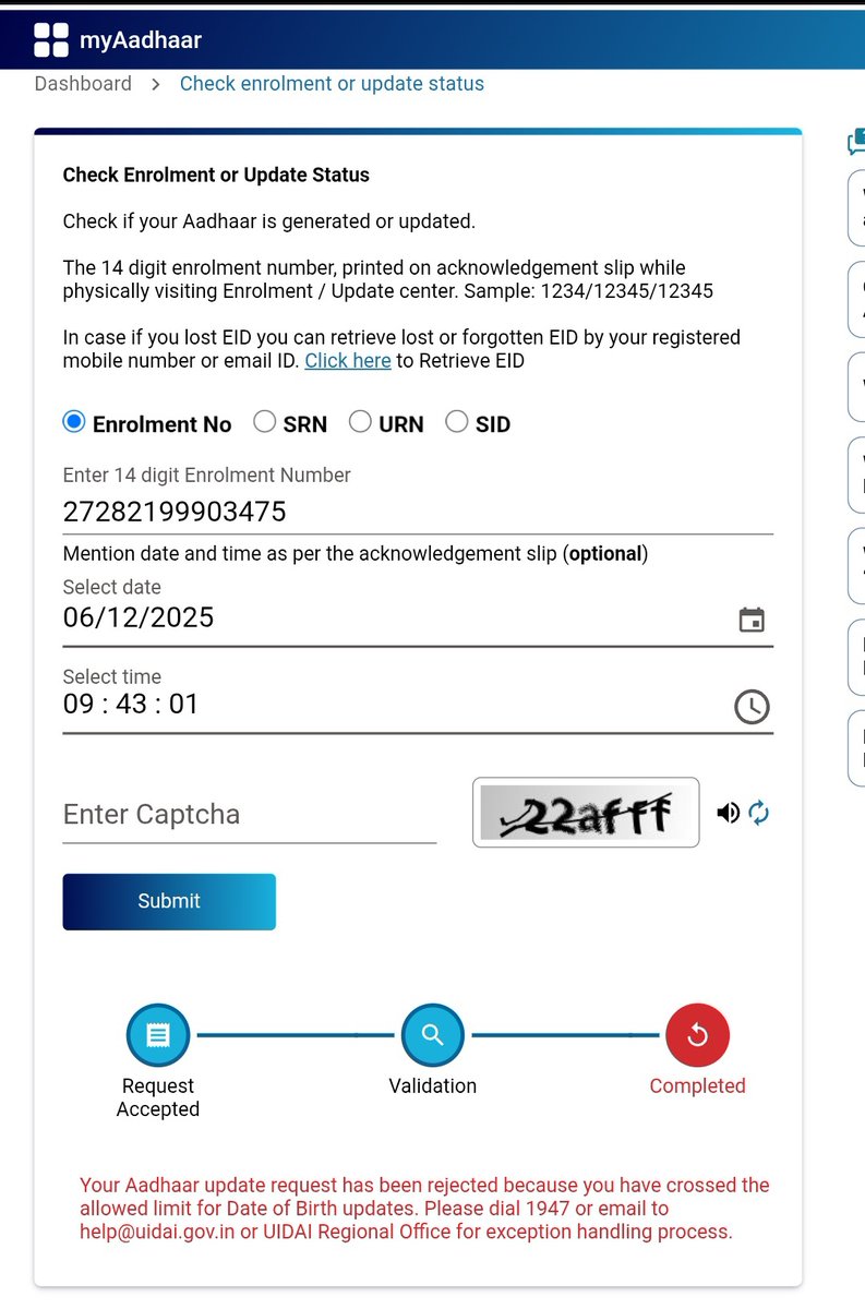 akngm786's tweet photo. @UIDAI @GoI_MeitY @AshwiniVaishnaw @JitinPrasada @SecretaryMEITY @NeGD_GoI @mygovindia @PIB_India @_DigitalIndia The Aadhaar has been updated several times, but after the updates it shows that the date of birth has crossed the limit and no update has been applied. I am worried; please take this into consideration. https://t.co/zDbqIBaiAE