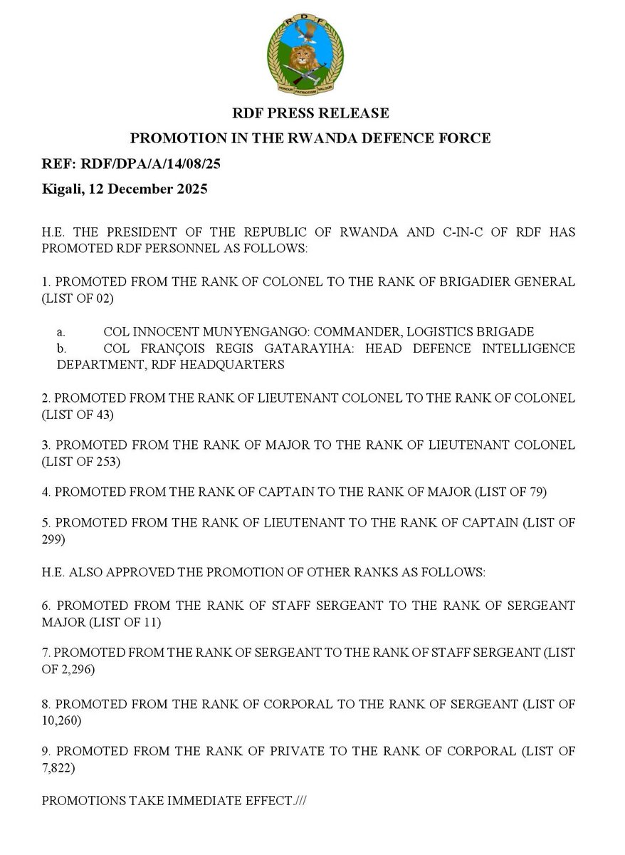 RDF PRESS RELEASE - PROMOTION IN THE RWANDA DEFENCE FORCE