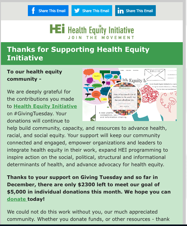 HlthEquityInit's tweet image. Thank you for supporting Health Equity Initiative! Help us reach our fundraising goal for this month! Read more: campaignlp.constantcontact.com/em/11023399704…
DONATE: 
healthequityinitiative.org/donate.html
#connect #engage #empower #healthequity #actforhealthequity Thank you 🙏