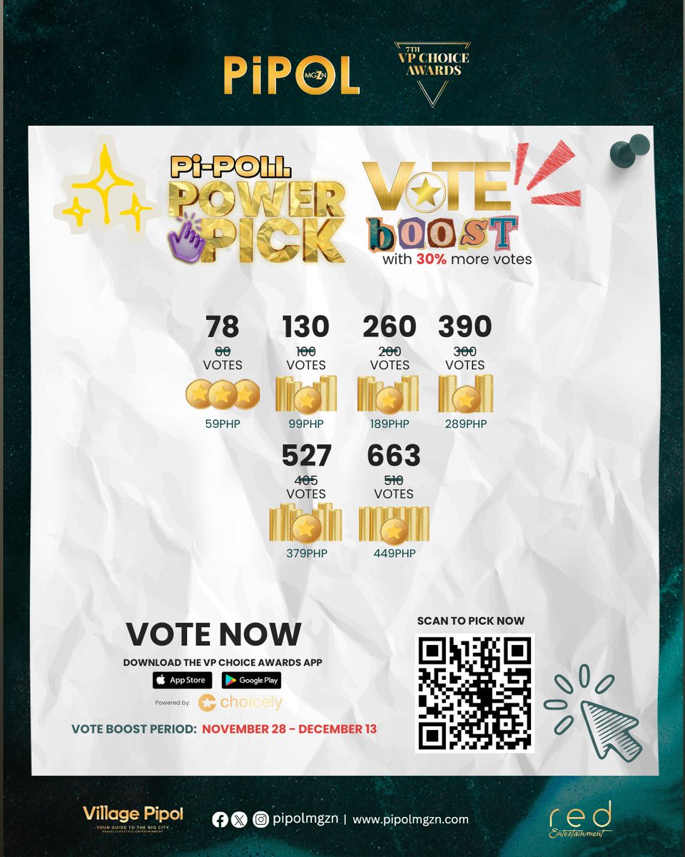 vpchoiceawards's tweet image. PIPOL! Only 1 day left to POWER PICK #Pahuway by Rain for the 7th VPCA’s OPM Song of the Year!

Cast your votes now via the VP Choice Awards App or the Web Voting Portal powered by Choicely at vpchoiceawards.com/webvote — and enjoy a 30% VOTE BOOST until the end of voting on Dec. 13