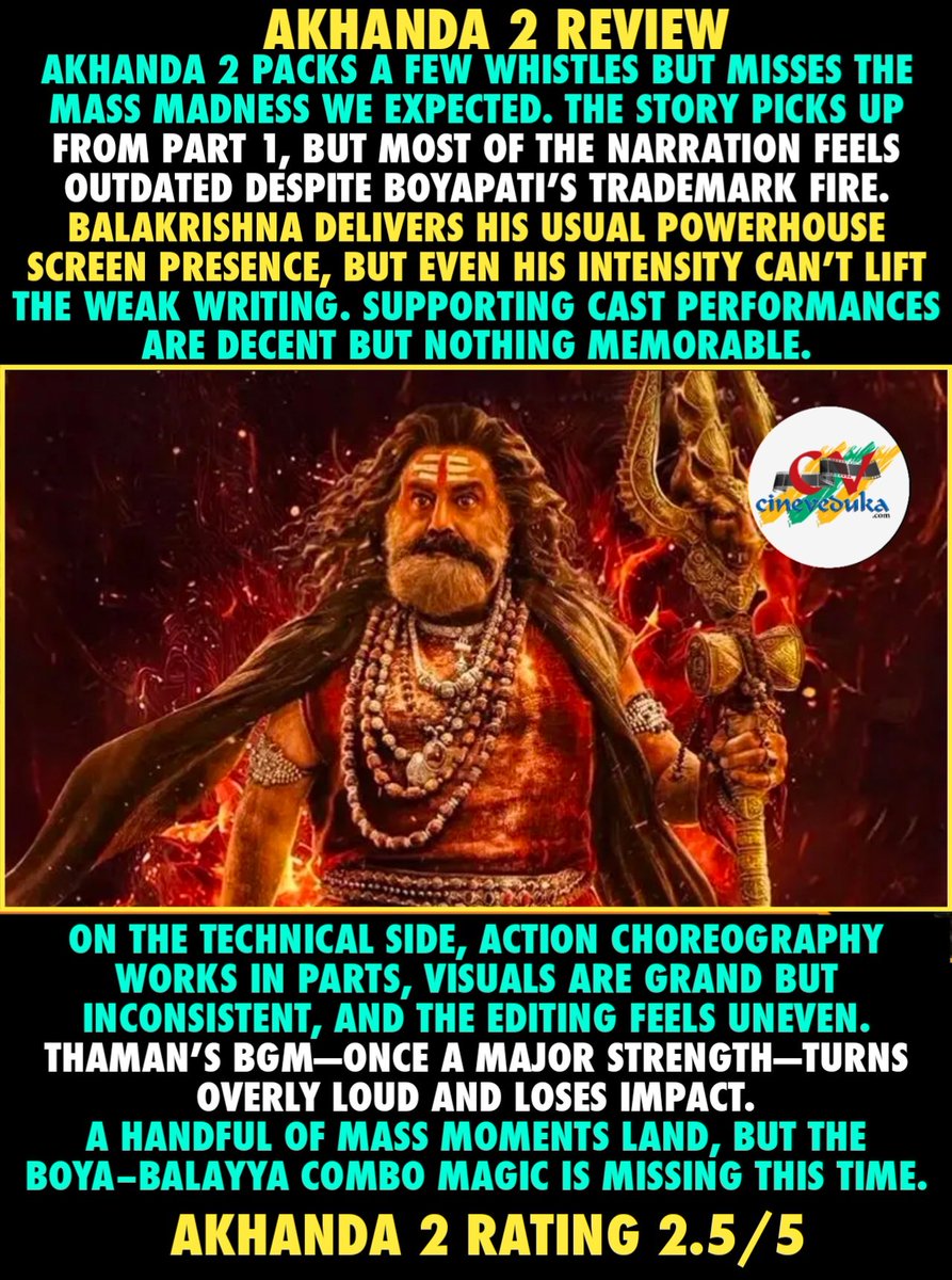 #Akhanda2Review 

#Akhanda2  - A handful of mass moments land, but the Boya–Balayya combo magic is missing this time.

Rating:  2.5/5

Follow 👉 <a href="/CinevedukaOffl/">Cineveduka</a>