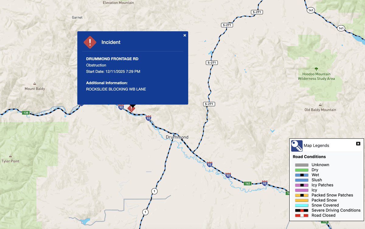 ErinWx's tweet image. 7:30pm - MDT reporting a #rockslide blocking the WB lane of the #Drummond Frontage Road. #mtwx #Montana