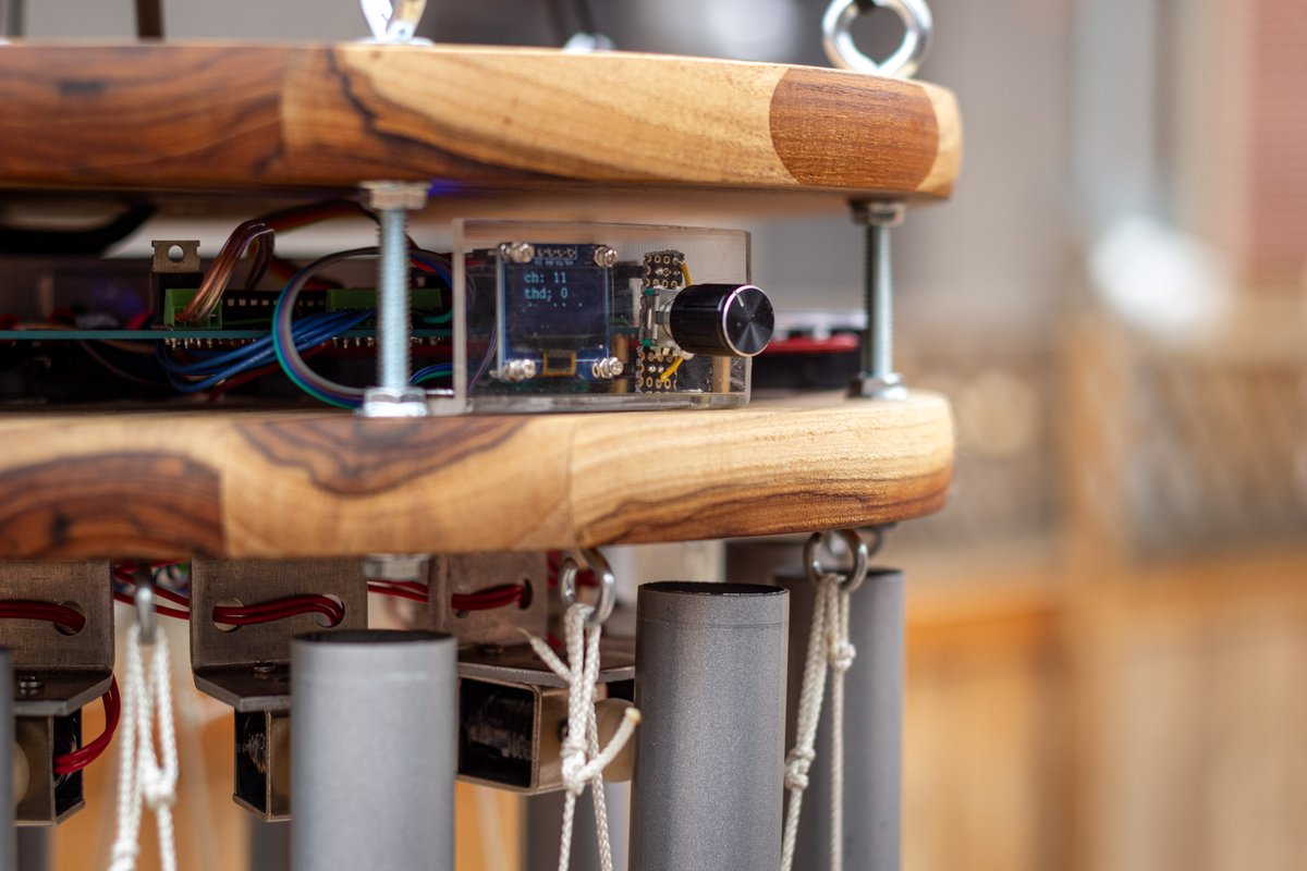 pixelform's tweet image. Point of Access: WiFi Chimes v1

1. Detail - Solenoids, OLED display, control knob, Arduino guts.
2. Close-up - Main electronics.

phillipstearns.com

#electronicsculpture #wifi #embeddedcomputing #audification #soundart #phillipstearns