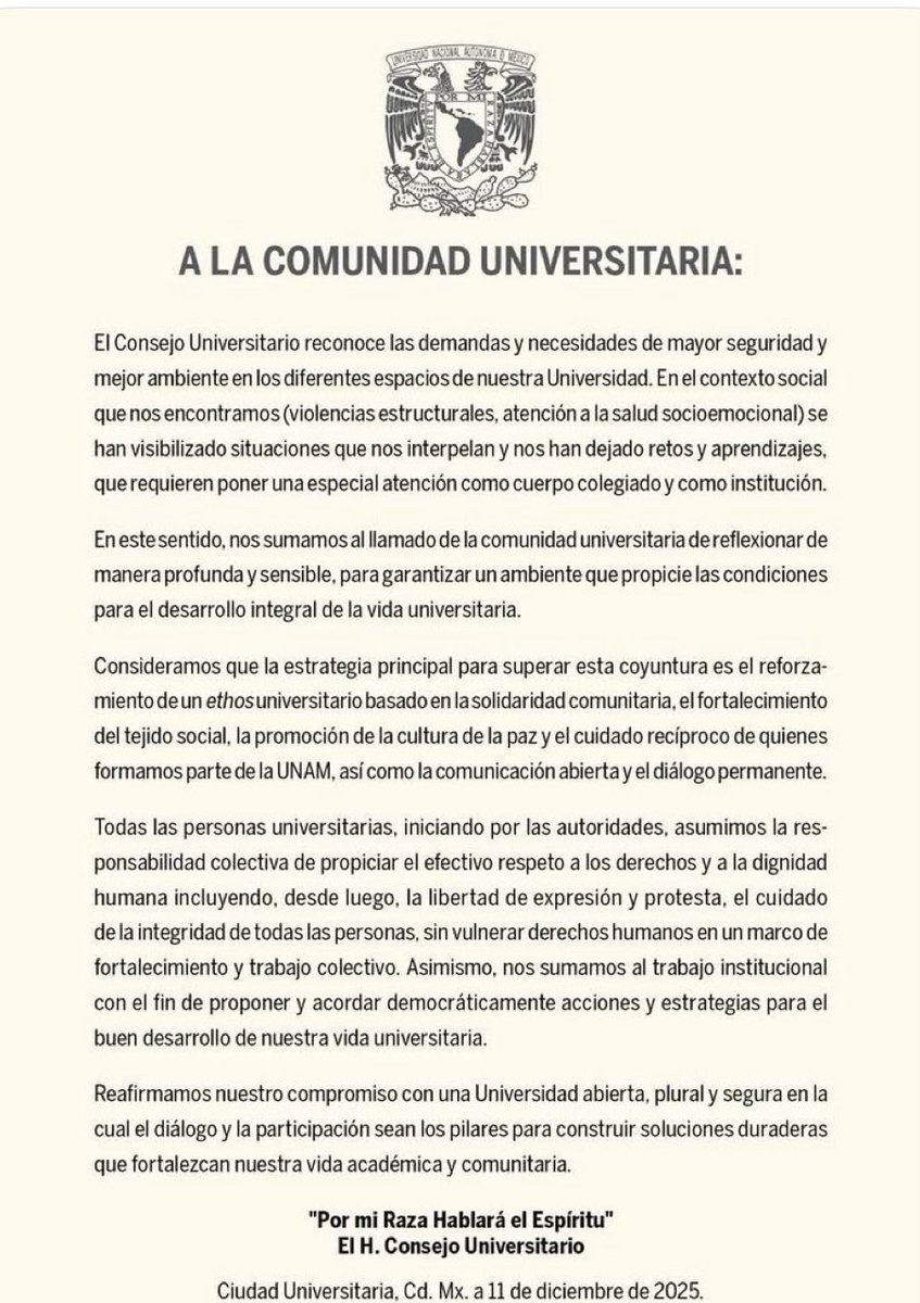 “Reconocemos las demandas de mayor seguridad y un mejor ambiente universitario”. 

Así lo señala el desplegado del Consejo Universitario de la <a href="/UNAM_MX/">UNAM</a> difundido este jueves, tras un semestre convulso 
 
👇