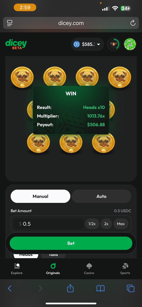 Guys, really this is a hell of insane experience being part of <a href="/DiceyHQ/">Dicey</a> beta testing.

It took me only 70 spins for 0.50 usd each to get hit on HUGE 1013x multiplier on Coinflip!

The trick is to pick heads, because even if u lose, the cute tails gonna make you happy hahah.

GG
