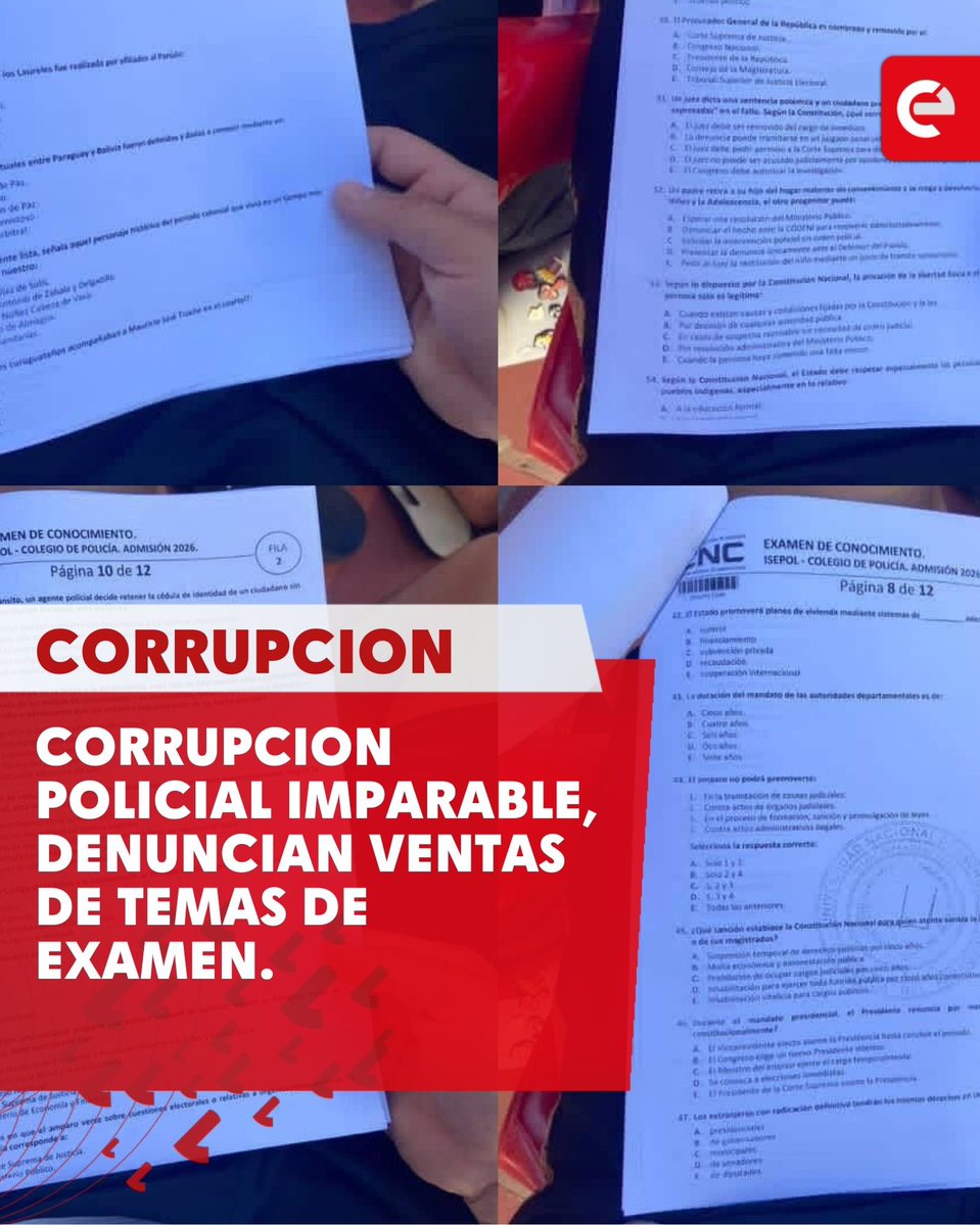 canal_e_py's tweet image. 🟥 Nueva denuncia sacude al ISEPOL: venta de temas de exámenes y traslados con precio

Mientras miles de jóvenes se preparan con sacrificio para ingresar al ISEPOL, en redes sociales ya circulan —desde el mismo martes 9 de diciembre— los supuestos temas exactos de los exámenes,…