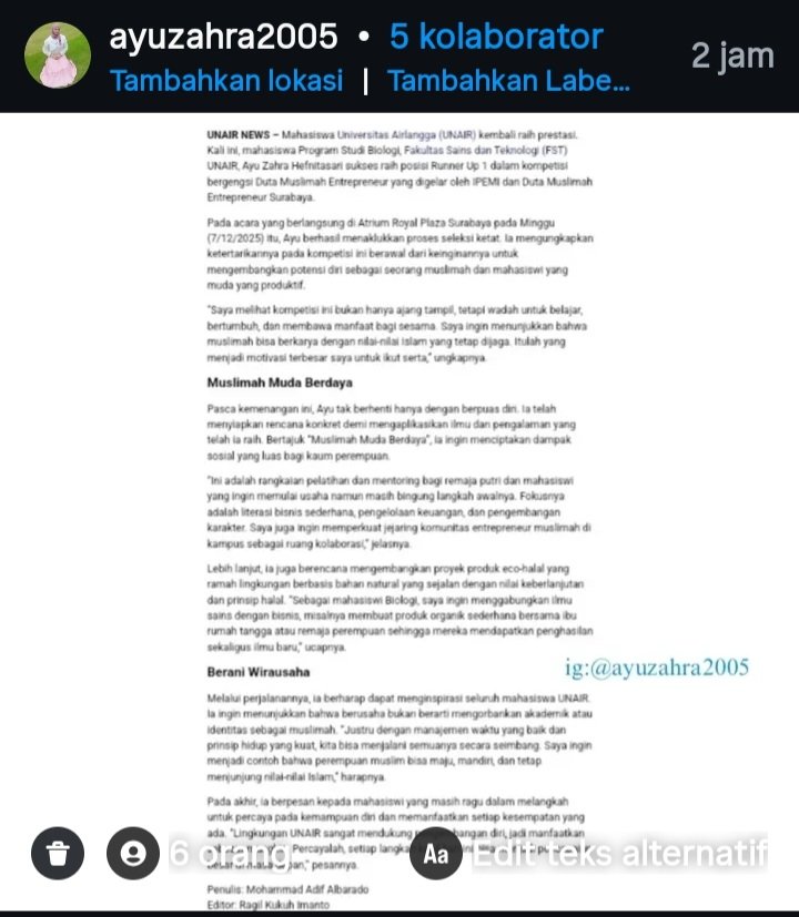 AyuZahra2005's tweet photo. Alhamdulillah, terimakasih kepada @Unair_Official atas apresiasinya kepada saya.  suatu kehormatan sekaligus motivasi besar utk terus berkarya &amp; beprestasi🙏🏻
https://t.co/KPXP5zn6D3
#UNAIR
#UNAIRHEBAT
#UniversitasAirlangga
#Dutaentpreneur
#KsatriaAirlangga
#BanggaFST
#banggaunair https://t.co/5RYkOjDrJ7