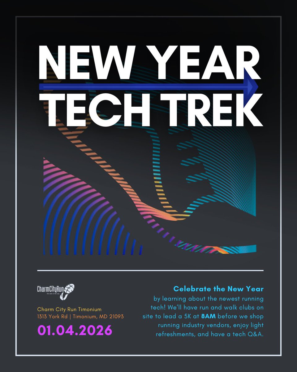 Kicking off the new year with some new gear at Charm City Run’s “New Year Tech Trek” event on January 4 🥳
￼
Start 2026 on the right foot and join us for a 5K, before returning for shopping, giveaways, demos, and more!

charmcityrun.com/event/new-year…