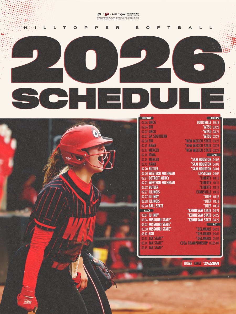 WKUSoftball's tweet image. Our 2026 schedule is 𝐇𝐄𝐑𝐄.

📲: bit.ly/3XMKmLV

#GoTops