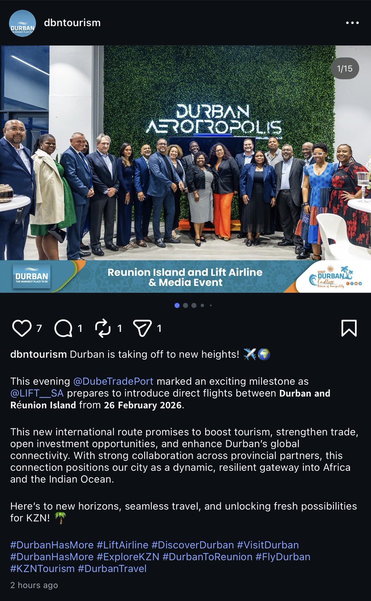 🚨 MAJOR BREAKING

<a href="/dbntourism/">Durban Tourism</a> seems to have posted about Durban to Réunion Island effective from 26 February 2026? <a href="/LiftAirlineSA/">LIFT Airline</a> care to comment?👀 Could this be a confusion between Mauritius and Réunion? 

<a href="/kingshakaint/">King Shaka Int</a> <a href="/DubeTradePort/">Dube TradePort</a>