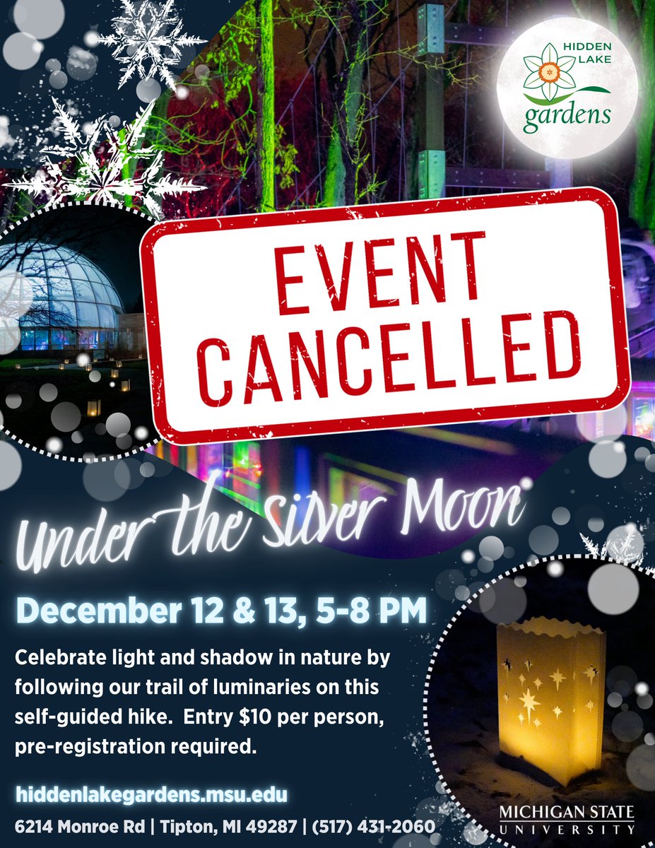 ❄️ Under the Silver Moon – Cancellation Notice

Due to icy trails, Sky Walk, parking areas &amp; extreme cold, the event scheduled for Dec 12 &amp; 13 at Hidden Lake Gardens is cancelled.

🌿 Gardens remain open during normal hours, please use extreme caution when visiting.