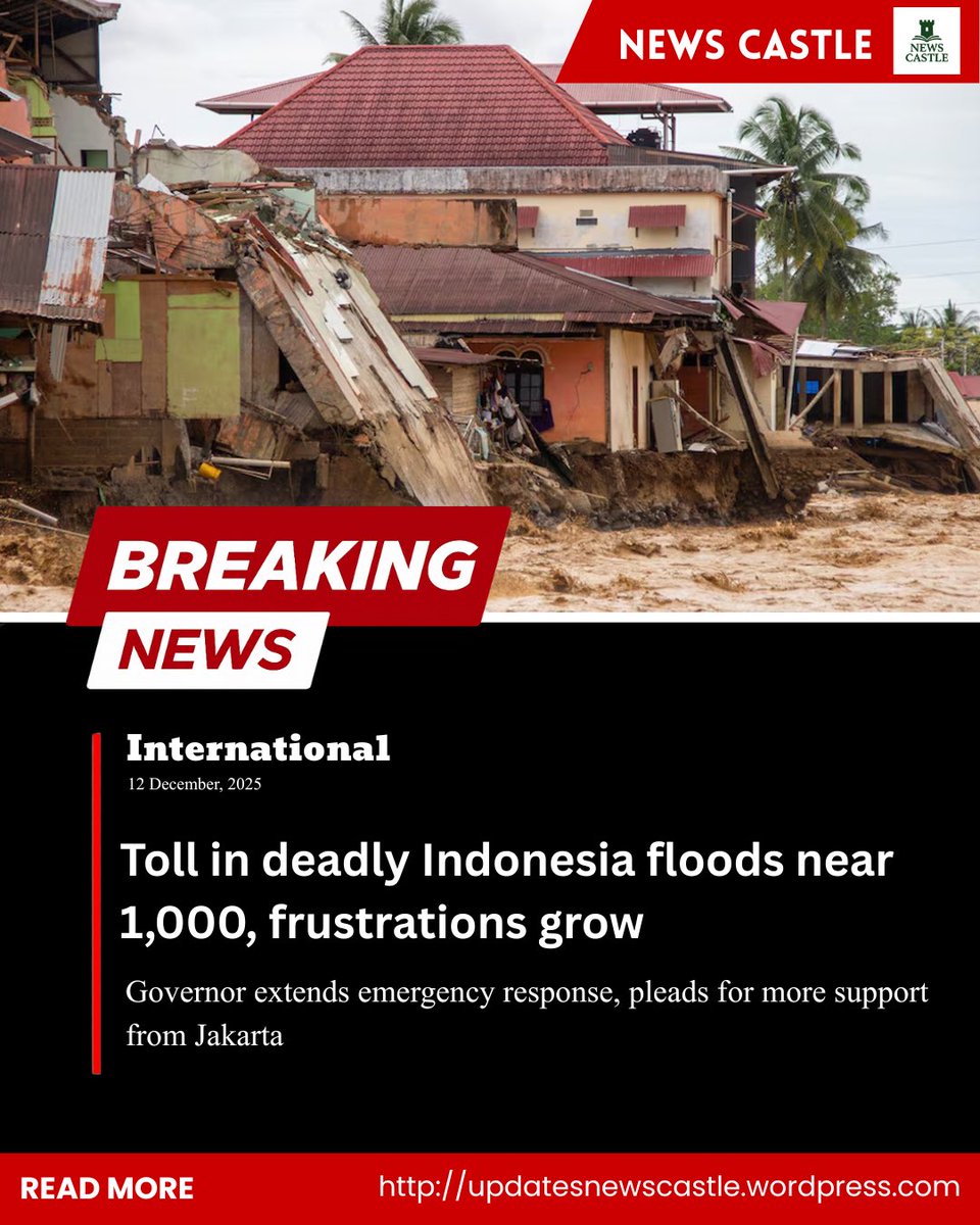newscastlee's tweet photo. Indonesia's Aceh warns of famine as Sumatra flood fatalities near 1,000

🔗| Check comment to read more 
#indonesia #indonesiaflood #flood2025 #JMConlinemojo #famine https://t.co/uTMYHvRnGW