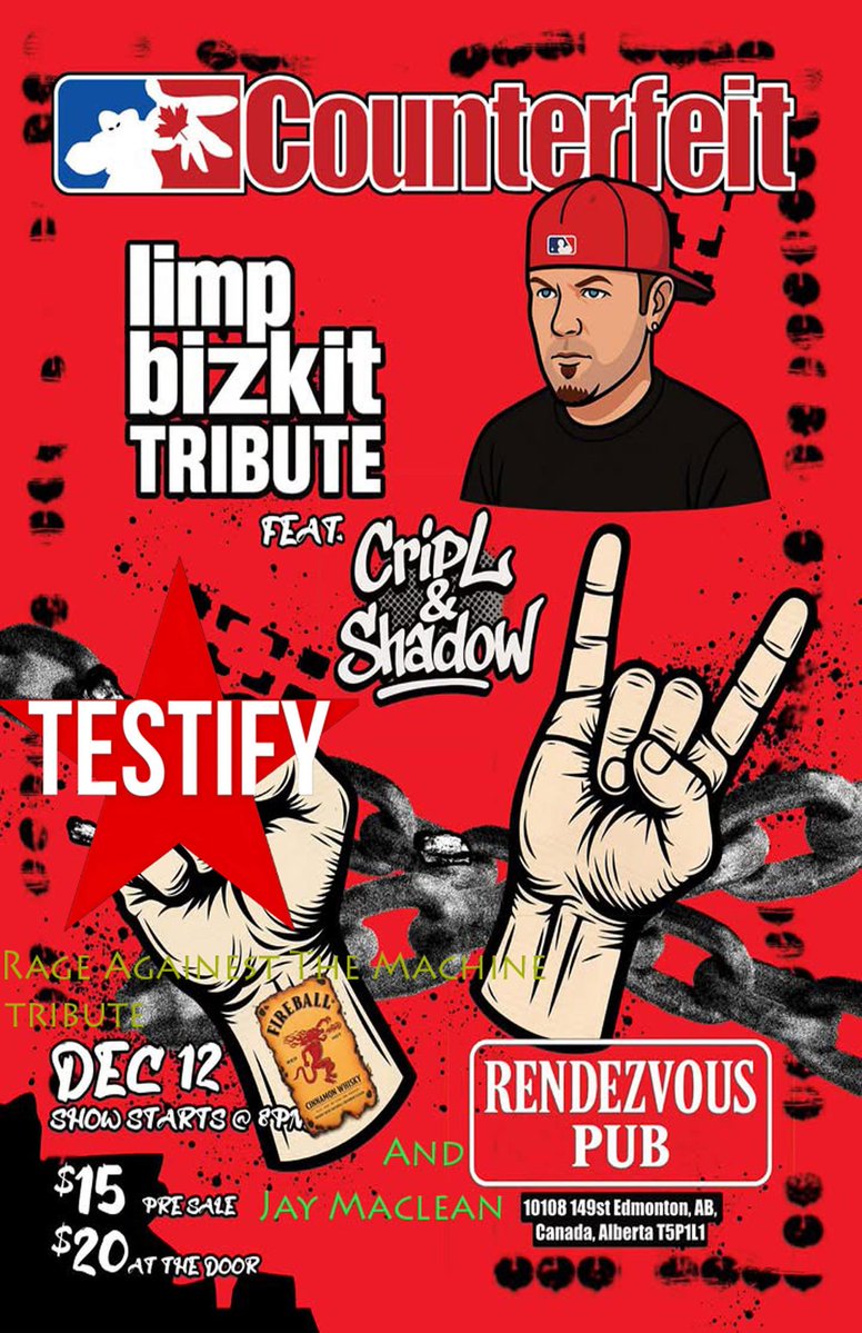 rendezvouspub49's tweet image. Tomorrow Night #numetal and #hiphop Counterfeir Limp Bizkit Tribute Testify Rage Against The Machine tribute  Criplz and Shadow Jay Maclean Doors 7pm Show 8pm #yegevents #localmusic #Edmonton #beer #pubfood #newmetal