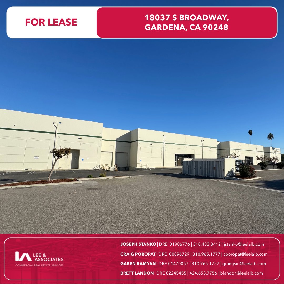 LeeAssociatesLA's tweet photo. For Lease | Gardena, CA
±44,350 SF industrial bldg w/ 24’ clear, 4 DH doors, 3 GL doors, sprinklered (.45/2,000), &amp; 800 amps. Prime access to 405/91/110.

💲 $1.35 Gross ($59,873/mo)
📍 18037 S Broadway

Contact Lee &amp; Associates for details. https://t.co/e0pUvUYL3P
