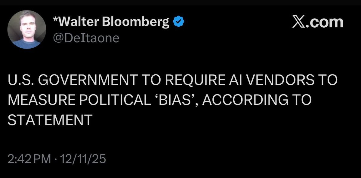 verafyfoundtn's tweet photo. Imagine you built the most advanced AI Bias tracking solutions on earth, only to have the US government mandate your tools be used across the entire AI sector. That would be wild, wouldn't it. https://t.co/cJRl2ezJQD