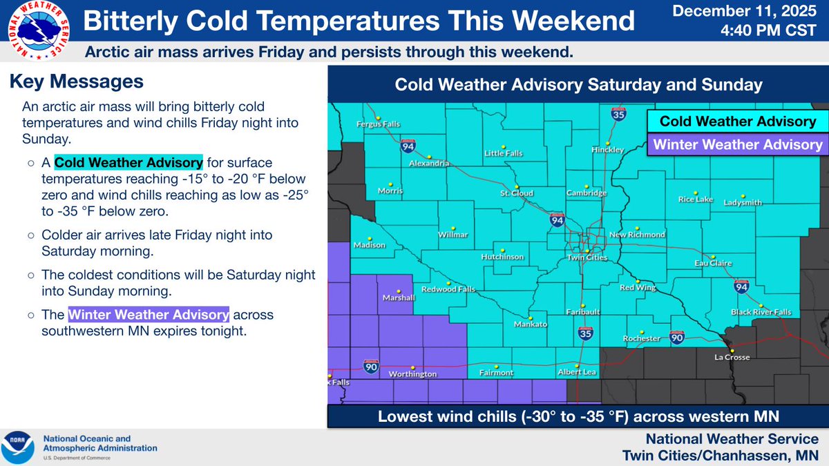 NWSTwinCities's tweet photo. An arctic air mass this weekend will bring bitterly cold air temperatures and wind chills beginning Friday night and lasting through Sunday. Light snow is possible during Friday morning's commute. An inch or less of snow is expected. #mnwx #wiwx https://t.co/SRSdDbdJr5