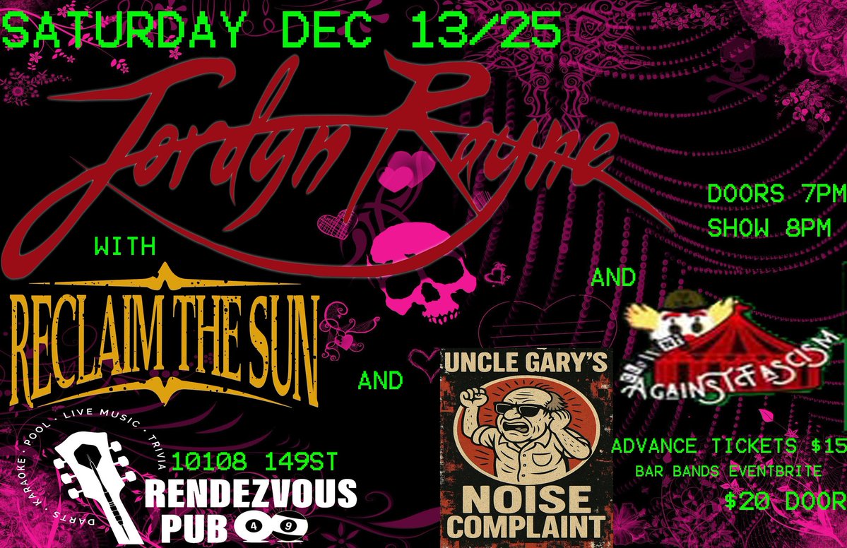 rendezvouspub49's tweet image. Saturday Dec 13 Doors 7pm show 8pm #POpPunk old School punk Jordyn Raine Reclaim The Sun Clowns Against Fascism Uncle Gary's Noise Complaint #punk  #yeg #yegmusic #drinkspecials