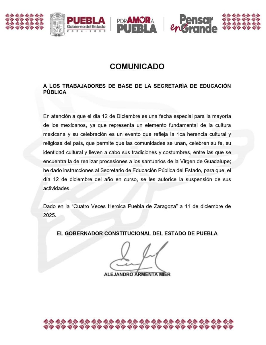 quorum_mx's tweet image. 🏫🚫El Gobierno de #Puebla informó oficialmente que este #12dediciembre no habrá #clases en #instituciones #educativas públicas y privadas, debido a la relevancia #cultural y #social de la fecha para miles de familias.

La medida busca garantizar condiciones adecuadas de