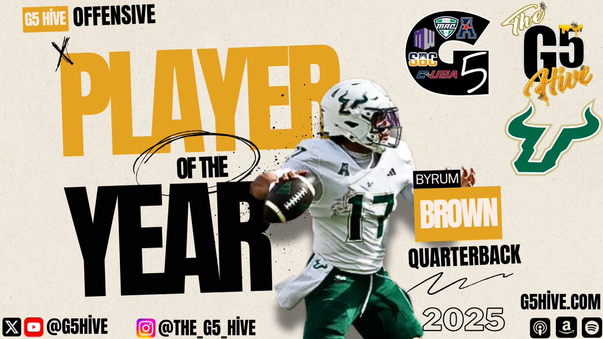 G5Hive's tweet photo. The G5 Hive Offensive Player of the Year! @USFFootball Quarterback @byrumbrown17! Byrum threw for 3,158 yards &amp; 28 TDs while adding 1,008 yards and another 14 TDs on the ground this season! Congrats Byrum! #BullsUp 🤘🏼#G5Hive https://t.co/AxPDoIcAxy