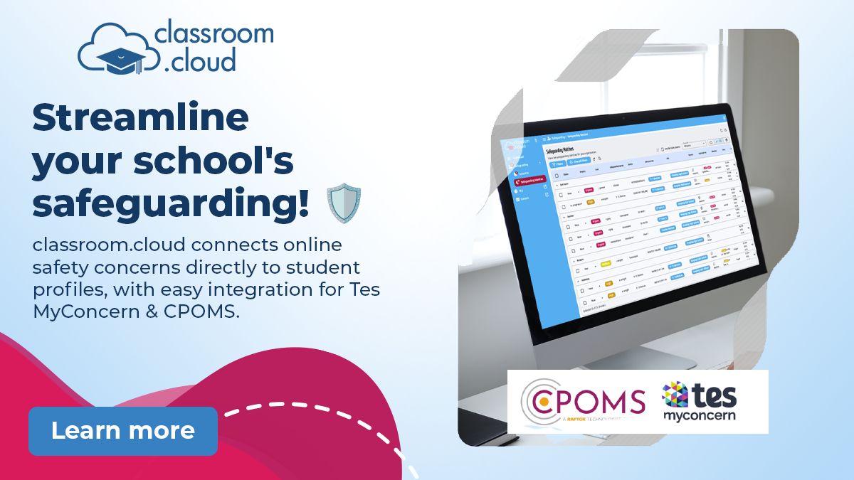 classroomcloud_'s tweet photo. Streamline your school's safeguarding with https://t.co/zp9qq5lar8! Connect online safety concerns directly to student profiles. 🛡️

Integrates easily with Tes MyConcern &amp; CPOMS.

#SchoolSafety #Safeguarding #EdTech #classroomcloud https://t.co/yw3kMWhxq8